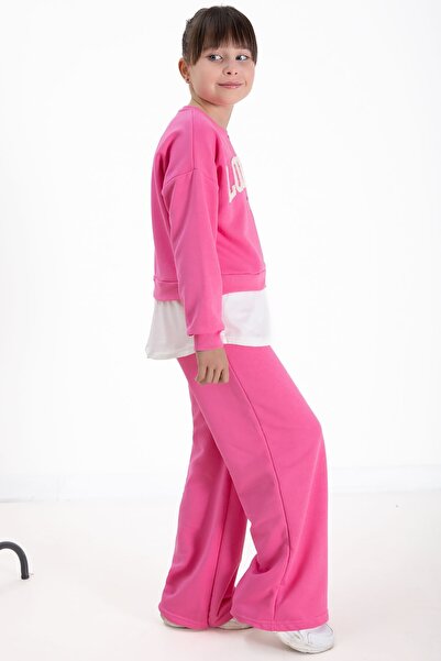 Cansın Mini Ροζ Λονδίνο Κεντημένο με γράμματα Κοριτσίστικο Σετ Φαρδύ Φούτερ 22724