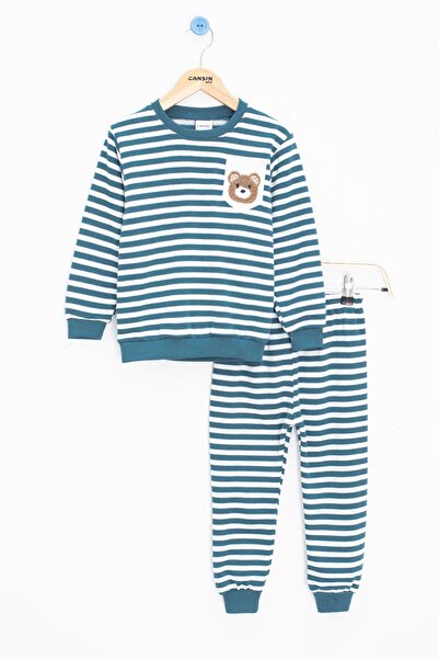 Cansın Mini Turquoise Boy's Embroidered Teddy Bear 2-Piece Set 22709