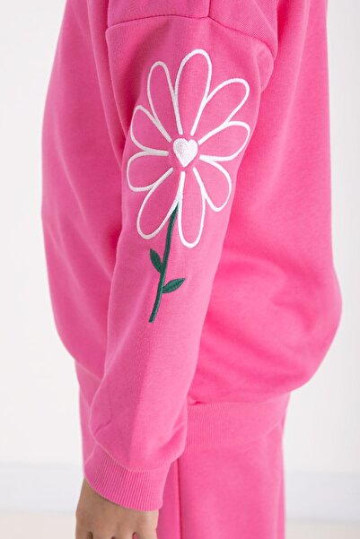 Cansın Mini Ροζ μανίκια με κέντημα μαργαρίτας με λαιμόκοψη για κορίτσια 22743