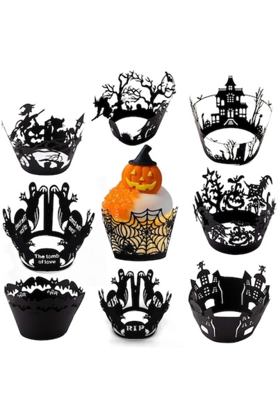 DELPI Set 36 decorațiuni pentru brioșe de Halloween, 9 modele, Negru