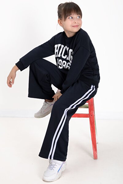 Cansın Mini طقم رياضي مخطط للفتيات مطبوع عليه شيكاغو باللون الأزرق الداكن 22728