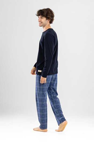 BAYKAR Чоловічий бавовняний піжамний комплект з довгими рукавами та принтом на комірі 9803 Синій