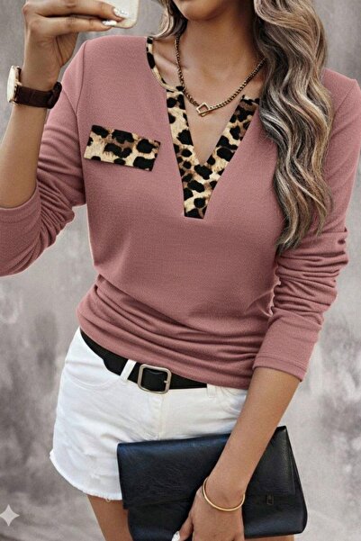 Mossta Bluză tricotaj cu striații cu decolteu în V cu detalii leopard - roz