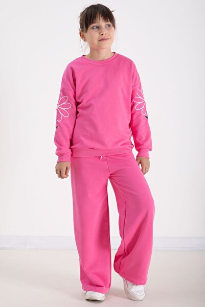 Cansın Mini Ροζ μανίκια με κέντημα μαργαρίτας με λαιμόκοψη για κορίτσια 22743