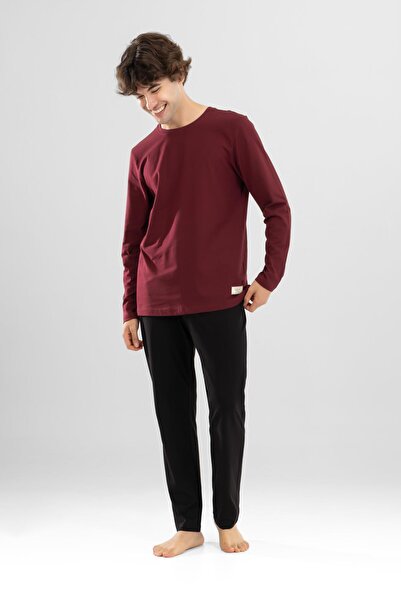 BAYKAR Men's Cotton Crew Neck Printed Long Sleeve Pajama Set 9802 Claret Red