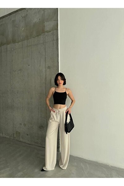 GAMZE ALPTEKİN Linda Fabric Black Linen Blend Loose Cut Pants Elastic Waist Lace-Up