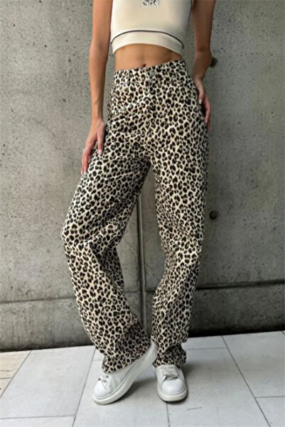 Karakedi Y2K Street Style Leopard Pattern Denim Trousers