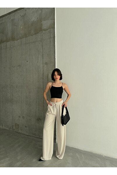 GAMZE ALPTEKİN Linda Fabric Black Linen Blend Loose Cut Pants Elastic Waist Lace-Up