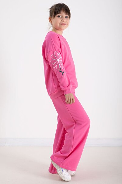 Cansın Mini Ροζ μανίκια με κέντημα μαργαρίτας με λαιμόκοψη για κορίτσια 22743