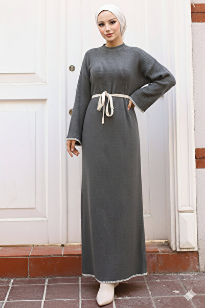 benguen 11040-17 Embroidery Detailed Knitwear Dress Anthracite