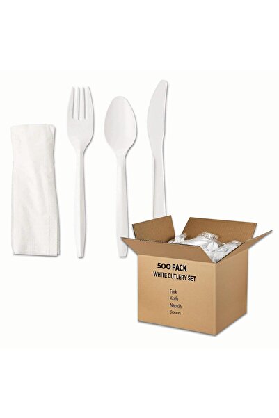 MARKQ [عبوة من 500 قطعة] مجموعة أدوات مائدة بلاستيكية بيضاء مع منديل - أدوات ...