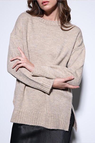 Antioch Beige Slit Detailed Women's Sweater