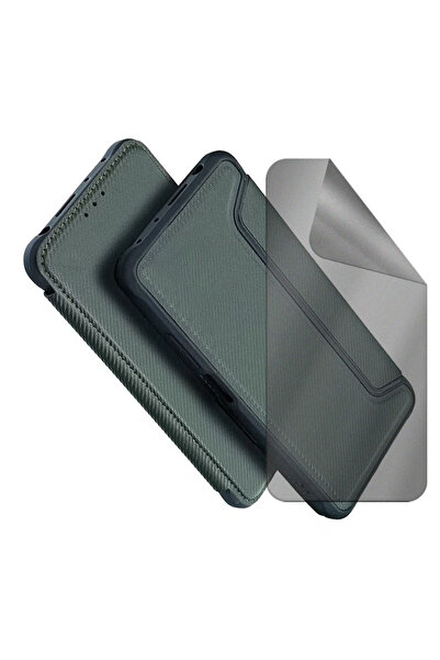 Optim Solution Anti-Shock Flip Case and Privacy Screen Protector Set for Xiaomi Redmi 10C, Carbon Insert, Green