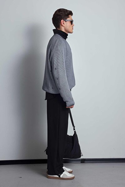 ablukaonline Men's Oversize Washed Distressed Knit Sweater Gray