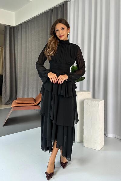 Mine Tan Butik Women's Chiffon Dress with High Collar and Layered Lining - Black