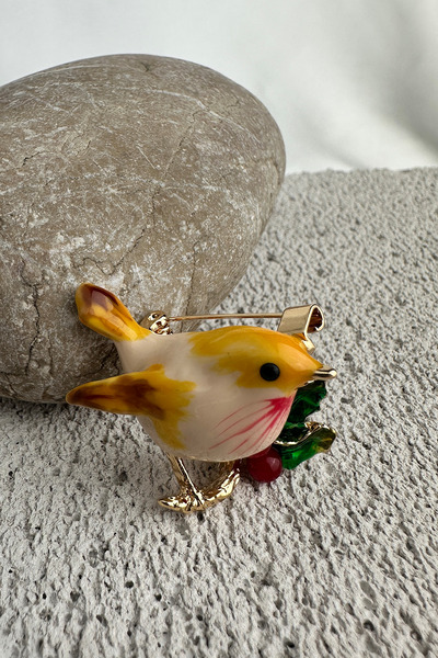 Modex Altın Rengi Yaprak Kiraz Detay Kuş Broş (3cm)