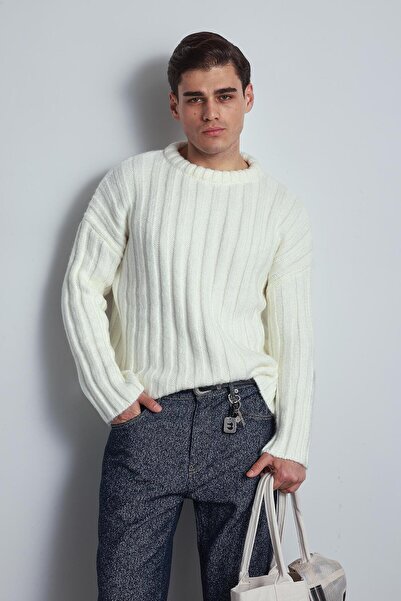 ablukaonline Erkek Oversize Kalın Fitilli Triko Kazak Ekru