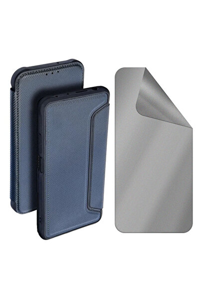 Optim Solution Set Husa Flip Anti-soc si Folie Sil Privacy pentru Samsung Galaxy A03, Insertie Carbon, Albastru