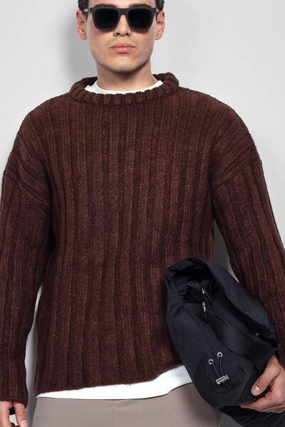 ablukaonline Men's Oversize Thick Ribbed Knit Sweater Brown