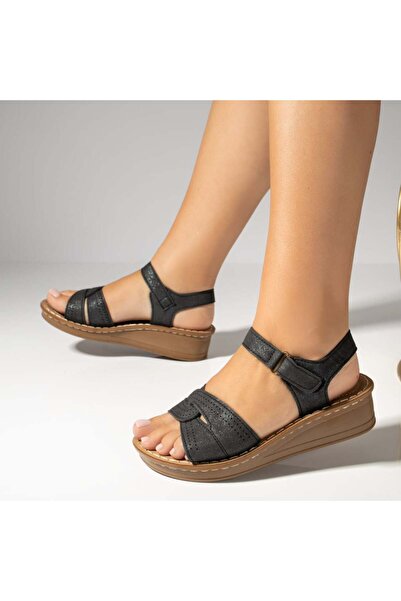 Modlet.ro Sandale negre cu platformă pentru femei și închidere cu velcro MOD1...