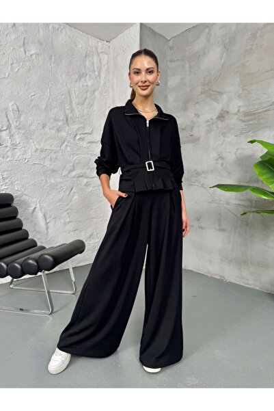 Elif Özbey Butik Siyah Beli Kemerli Modal Takım