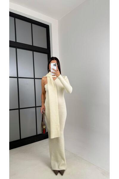 Gaus Ekru Tek Omuz Atkılı Triko Elbise GAUS-00223