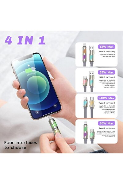 VALA 4in1 fast charging and data transfer cable, VALA®, 1.5M, 240W, 480Mbp/s, USB-C/USB-A to USB-C/Light