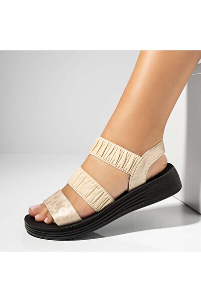 Modlet.ro Women's beige sandals with elastic straps and print MOD13908