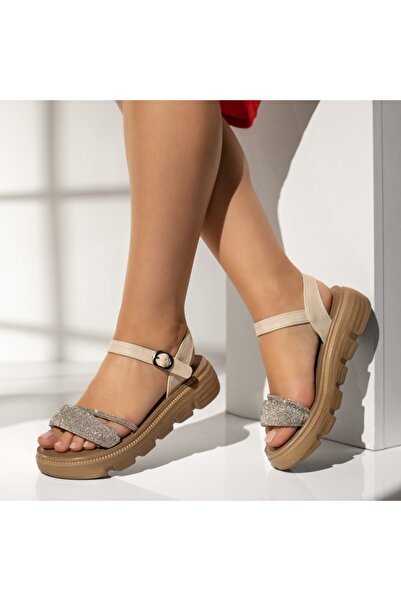 BMoD Sandale bej pentru femei cu talpă groasă și strasuri MOD13913