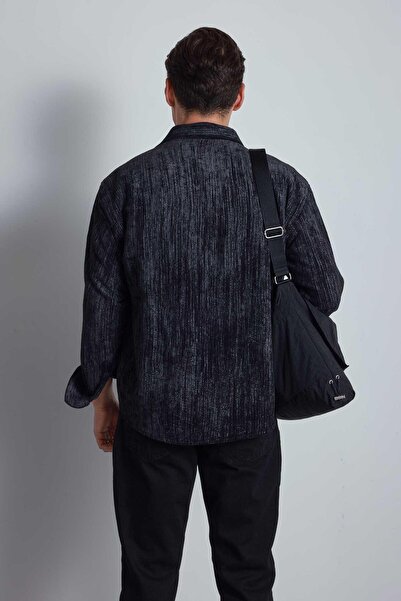 ablukaonline Ανδρικό πουκάμισο με υφή βελούδου oversize μαύρο