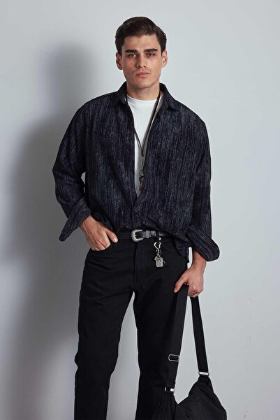 ablukaonline Ανδρικό πουκάμισο με υφή βελούδου oversize μαύρο