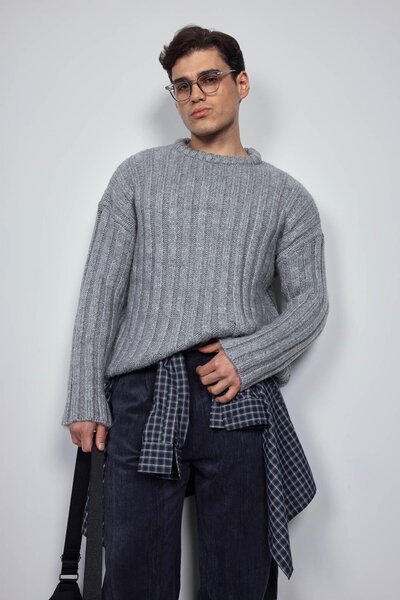 ablukaonline Men's Oversize Thick Ribbed Knit Sweater Gray