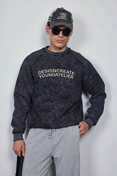 ablukaonline Ανδρικό φούτερ με στάμπα με κείμενο Oversize Μαύρο