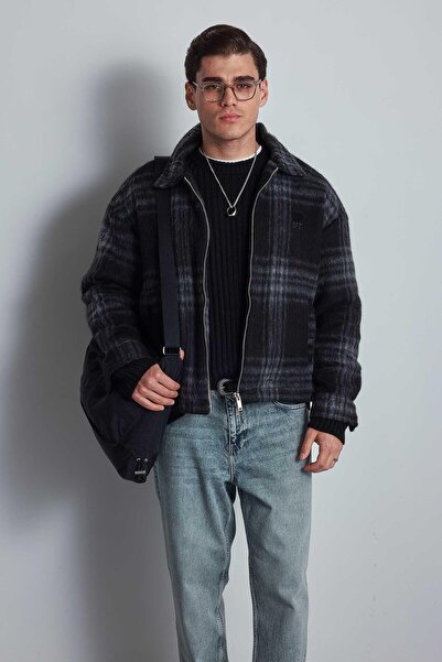 ablukaonline Мъжка широка яке с цип и кариран десен, черно