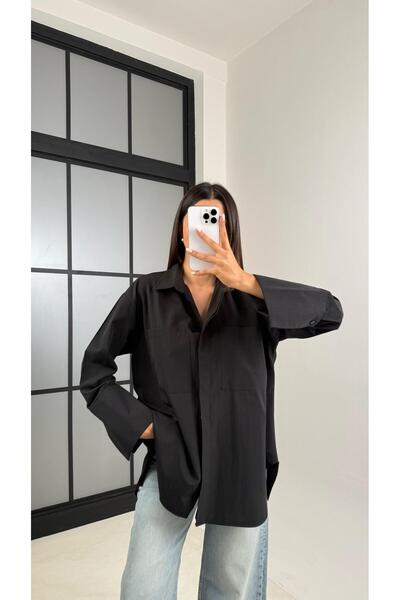Gaus Siyah Gizli Düğmeli Kol Katlamalı Poplin Gömlek GAUS-00449