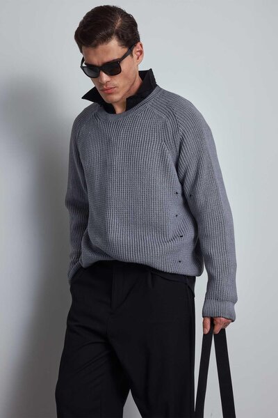 ablukaonline Men's Oversize Washed Distressed Knit Sweater Gray