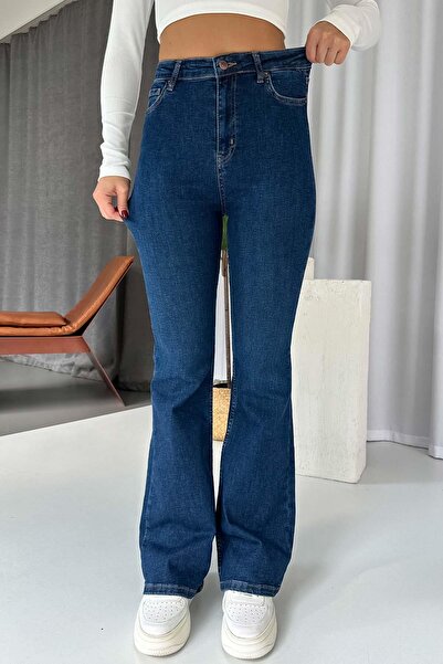 Mine Tan Butik بنطلون جينز إسباني عالي الخصر من الليكرا - أزرق داكن