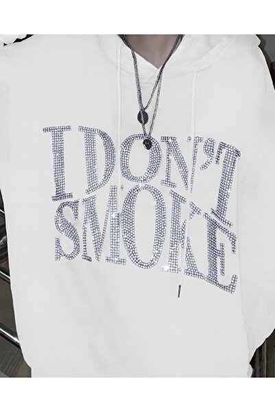 Gofeel Hanorac unisex oversize I Dont Smoke cu imprimeu cu strasuri strălucit...