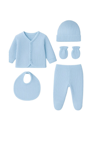 Lonia Erkek Bebek Natural Organik Pamuk 5li Hastane Çıkış Seti Yenidoğan Kıyafeti Fitilli Kumaş Kutulu
