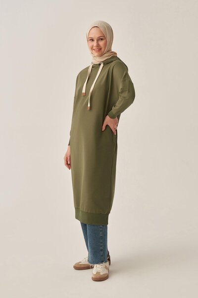 ALLDAY Πράσινο μακρύ φούτερ με κουκούλα και τσέπες από λύκρα