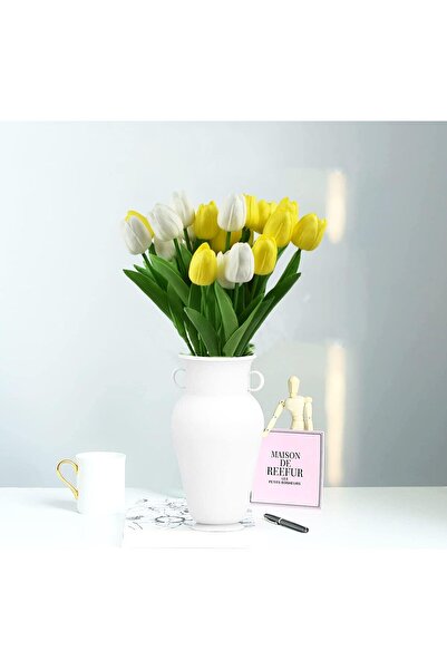 ALAYRA International 24pcs Artificial White & Yellow Tulips – Real Touch Faux Flowers, 32 cm Height