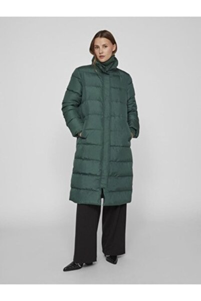 VILA Long quilted jacket with high collar and Vicamisa padding, Green, 42