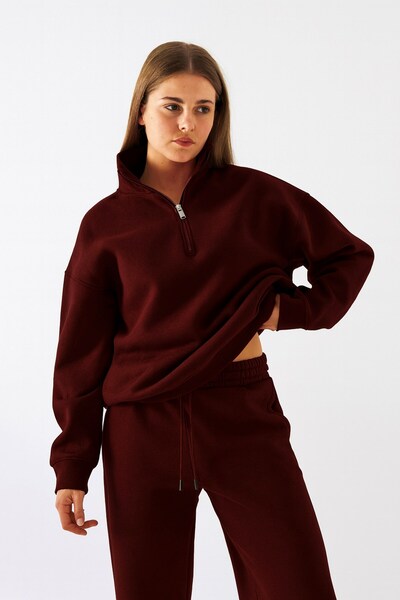 GIA - ART Unisex Oversize Sweatshirt Basic Burgundy – Half Zipper Stand Collar, 3 Thread Fleece