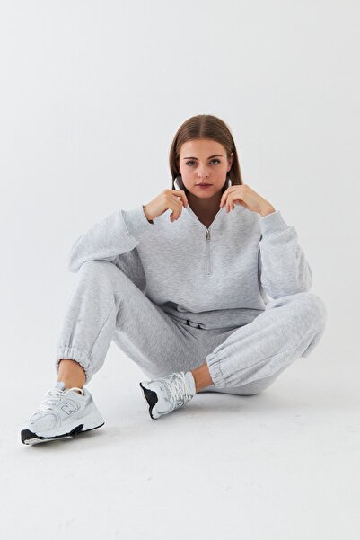 GIA - ART Unisex Oversize Sweatshirt Basic Gray – Half Zipper Stand Collar, 3 Thread Fleece