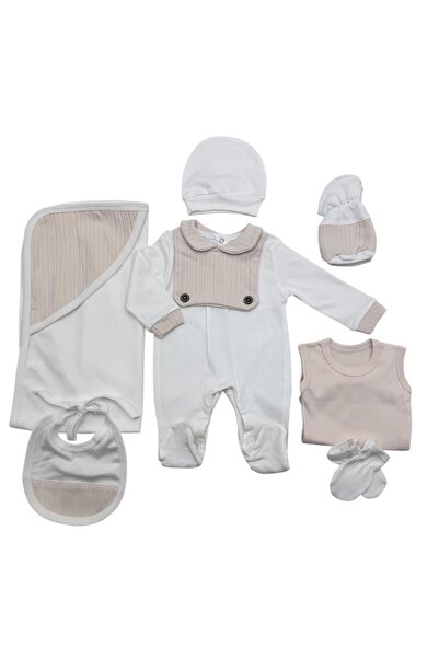Baby day طقم استقبال مواليد أولاد 7 قطع باللون الأبيض والبيج الفاتح