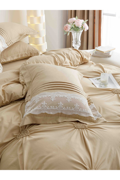 JOJO HOME Lenjeri De Pat, 6 Piese, Inimi Brodate, Finet Premium, Bej