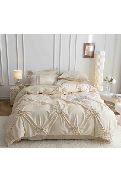 JOJO HOME Lenjeri De Pat, 6 Piese, Inimi Brodate, Finet Premium, Crem