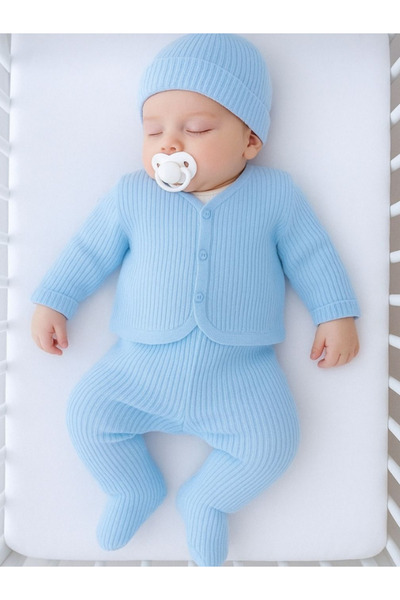 Lonia Erkek Bebek Natural Organik Pamuk 5li Hastane Çıkış Seti Yenidoğan Kıyafeti Fitilli Kumaş Kutulu