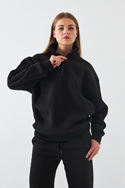 GIA - ART Unisex Oversize Sweatshirt Basic Black – Half Zipper Stand Collar, 3 Thread Fleece