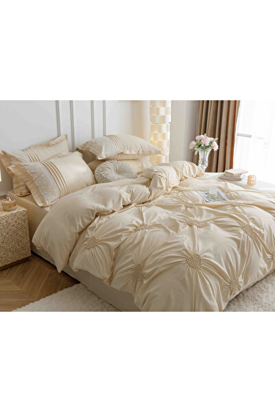 JOJO HOME Lenjeri De Pat, 6 Piese, Inimi Brodate, Finet Premium, Crem